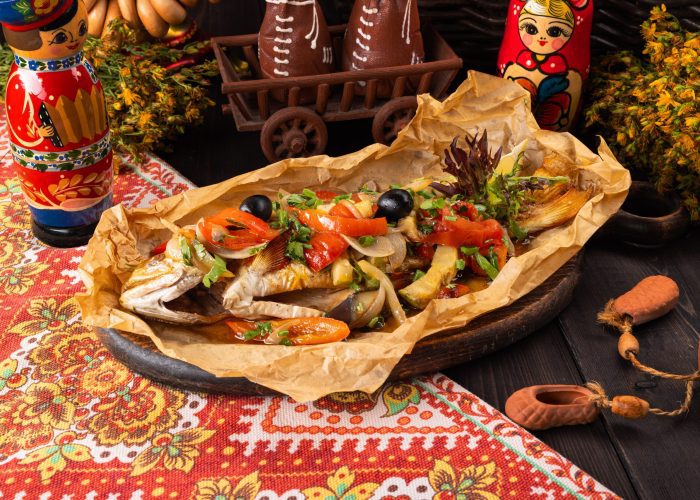 Форель с овощами из русской печи 100гр.